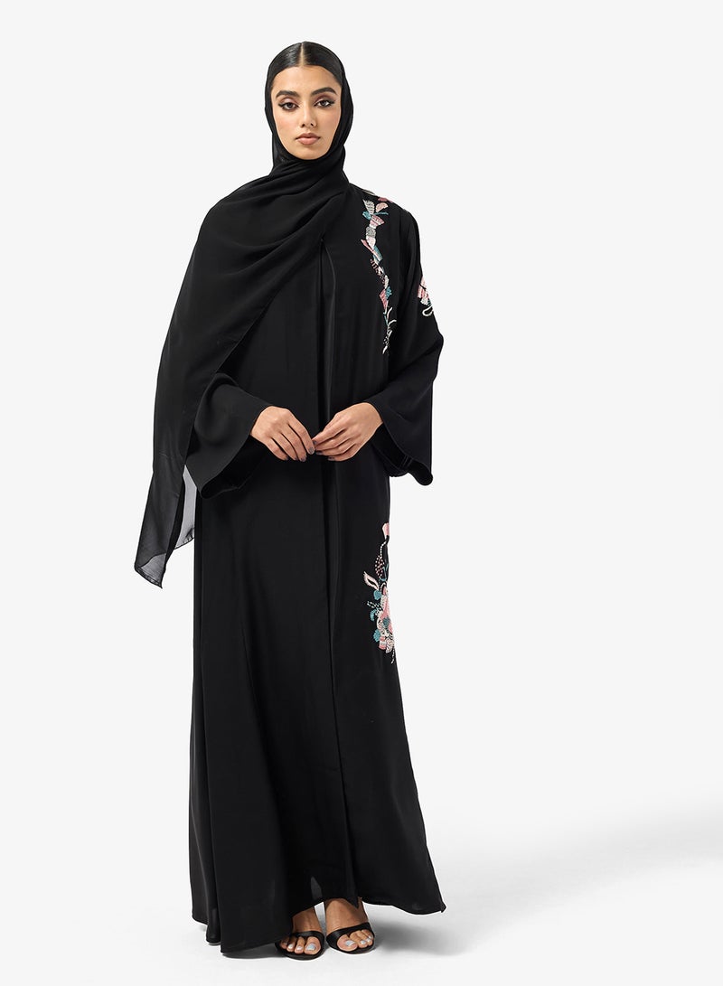 هيا كلوزيت عباية مفتوحة مطرزة بالزهور بياقة على شكل حرف - Image 5